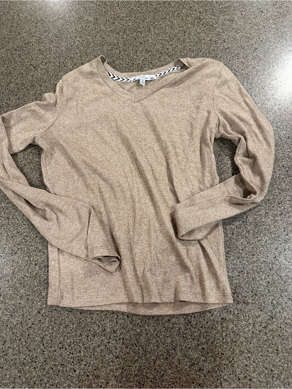 Poof! Metallic Taupe V-Neck Long Sleeve Top